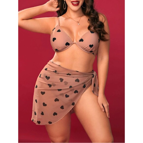 X-Large Plus Heart Print Underwire Bikini Swimsuit With Beach Skirt - Picture 1 of 5